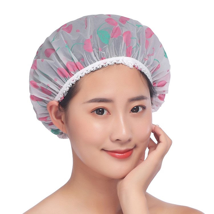 EVA新款田園加厚防水磨砂印花花邊加大淋浴帽化妝帽生產(chǎn)廠家