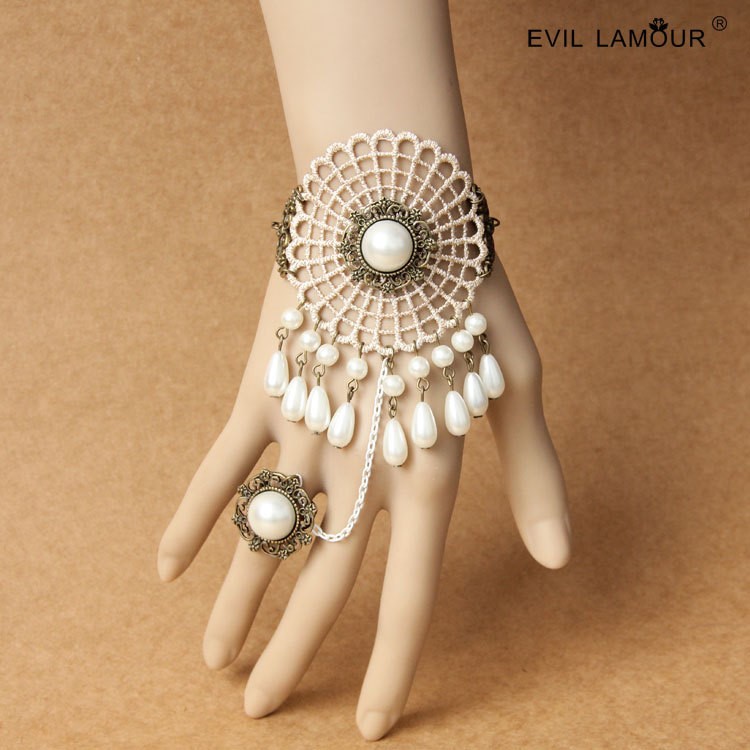 love珍珠手鏈帶戒指一體鏈舞蹈diy手飾品ebay熱賣飾品WS-314