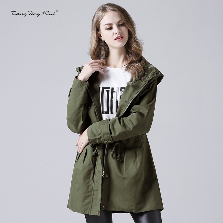 速賣通2019春秋時尚大碼女裝長款外套收腰顯瘦收腰連帽風衣JR9502