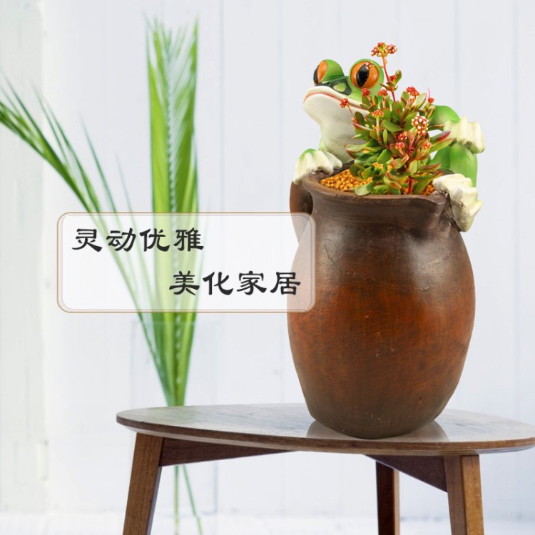 歐美情侶青蛙子復古瓦缸花盆多肉植物微景觀花圃庭院辦公裝飾品