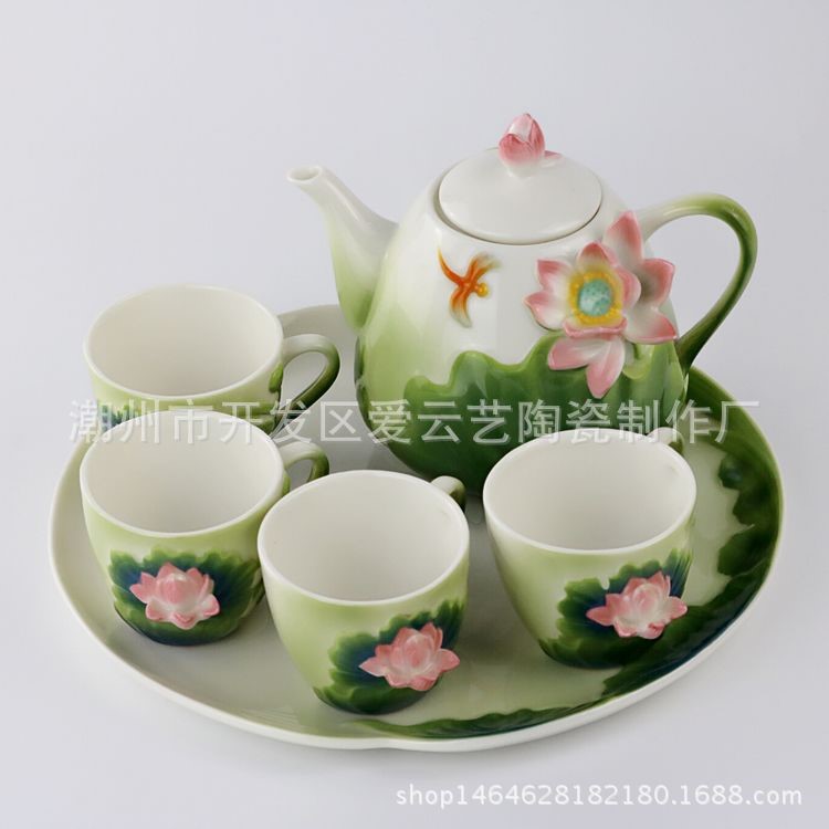 荷塘月色6頭茶具套裝創(chuàng)意禮品定制 荷花紅茶綠茶法蘭瓷