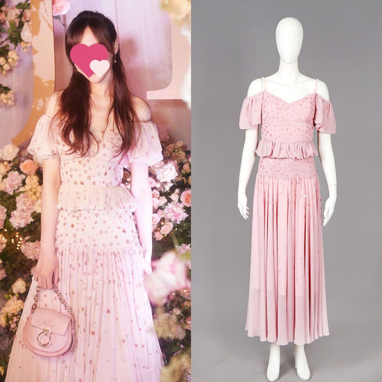 唐嫣同款宴會禮服女名媛時尚粉色刺繡露肩生日派對主持人連衣長裙
