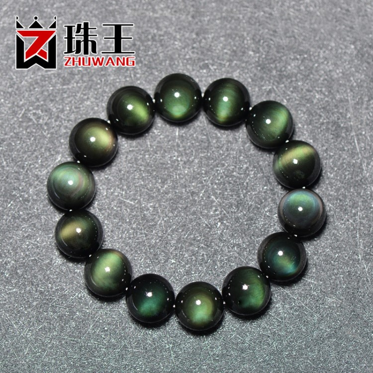 珠飾品 天然石6A級(jí)雙彩虹眼黑曜石手鏈?zhǔn)执l(fā) 全綠眼廠家直銷