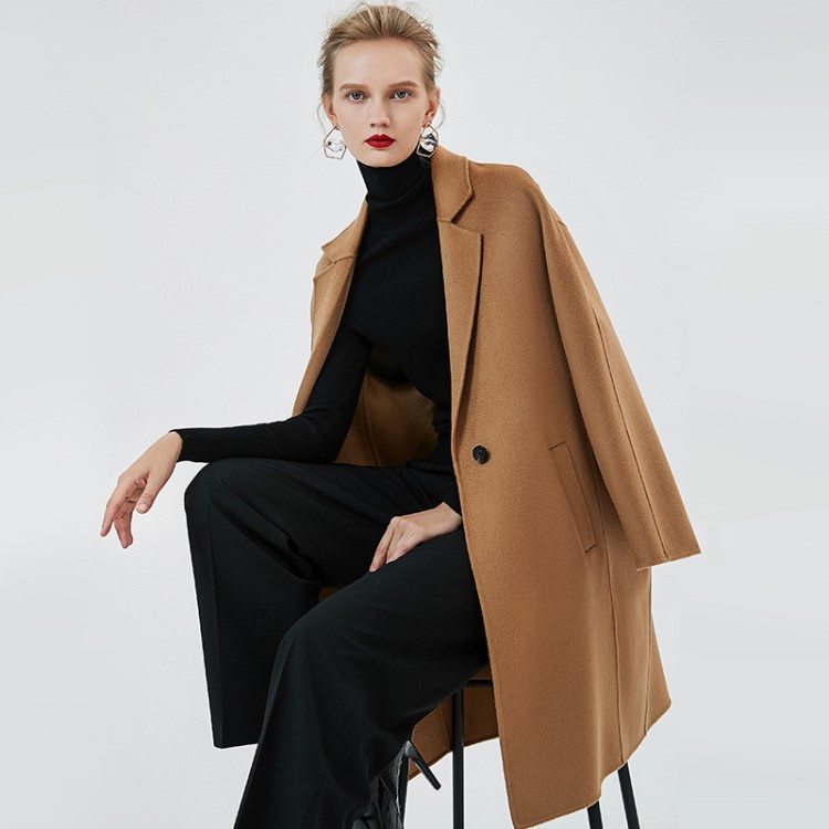 水波紋雙面羊絨大衣女中長款2019秋冬新款簡約羊毛呢子小個子外套