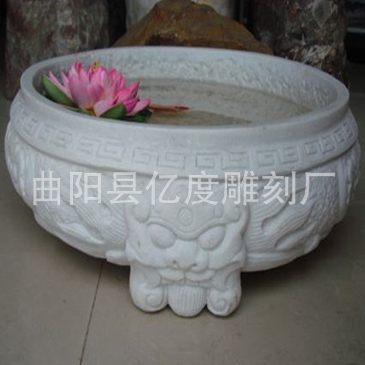 供應石雕魚缸 漢白玉圓形水盆 仿古花盆雕刻 天然石材石頭花缽