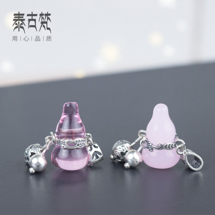 925泰銀手工diy粉水晶葫蘆掛件串手鏈掛墜 飾品配件廠家直銷Q0001