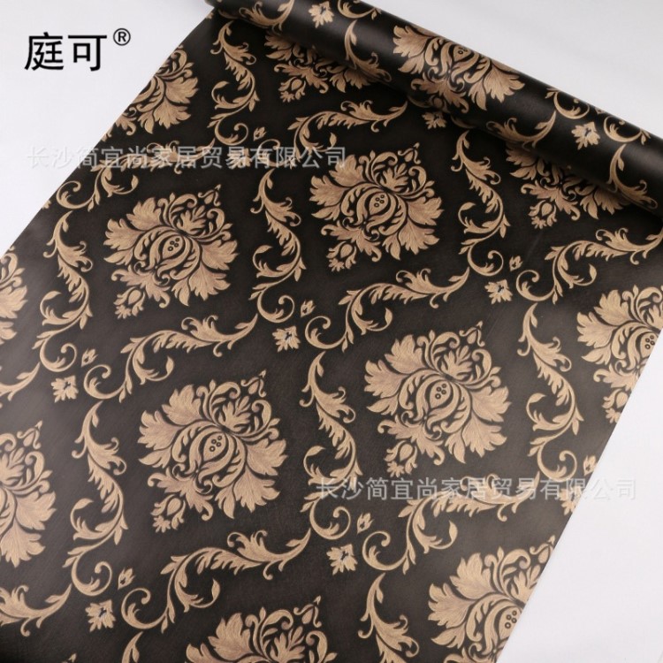 新品 黑底金歐花壁紙 高端歐式大花裝飾臥室客廳墻面可移除墻紙