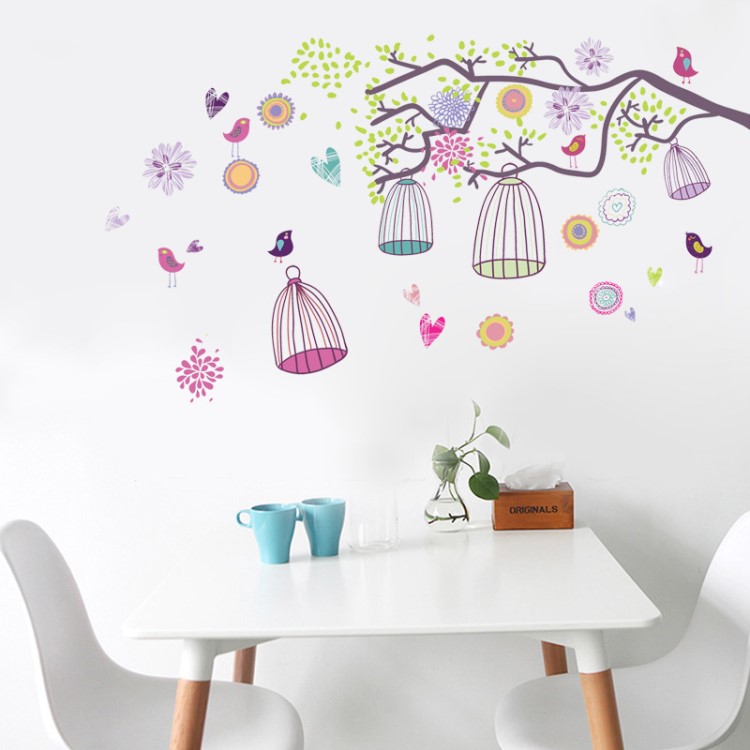 993 大號樹枝彩色鳥籠客廳背景裝飾墻貼 可移除防水貼紙批發