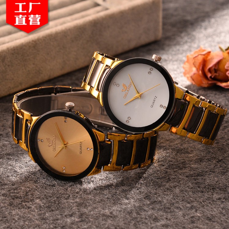 新款外貿跨境間金鋼帶手表 簡約合金點鉆仿鎢鋼石英男士手表批發