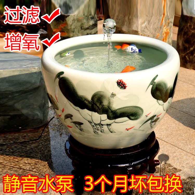 景德鎮(zhèn)陶瓷金魚缸過濾器噴水加氧泵氧氣泵流水風(fēng)水循環(huán)魚缸過濾泵