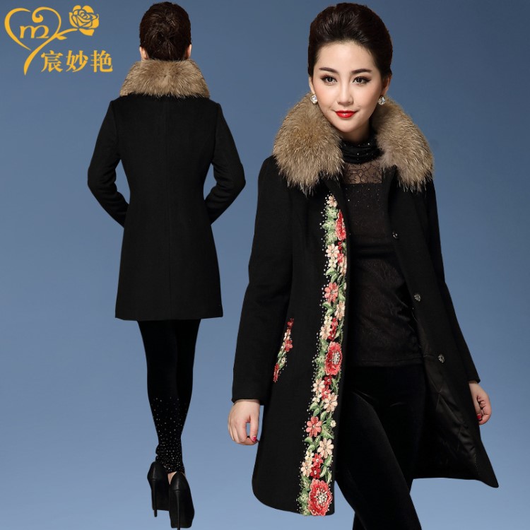 宸妙艷2019女裝外套秋冬 中老年加棉加厚羊毛呢毛領外套廠家直銷