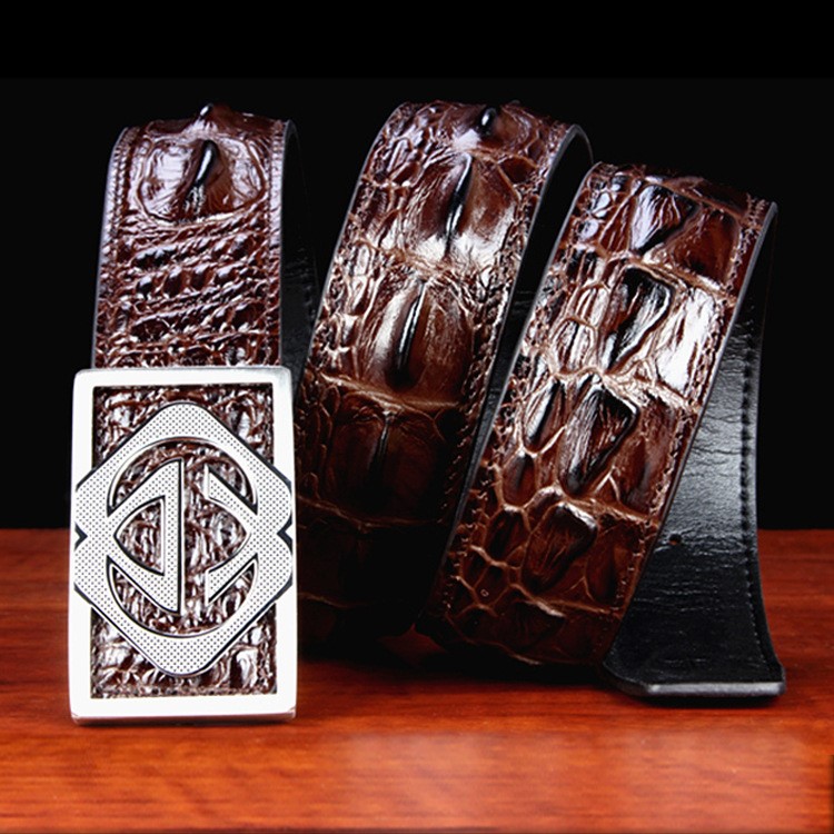 泰国男鳄鱼皮皮带男士挂扣平滑扣e字扣皮带头商务休闲真皮腰