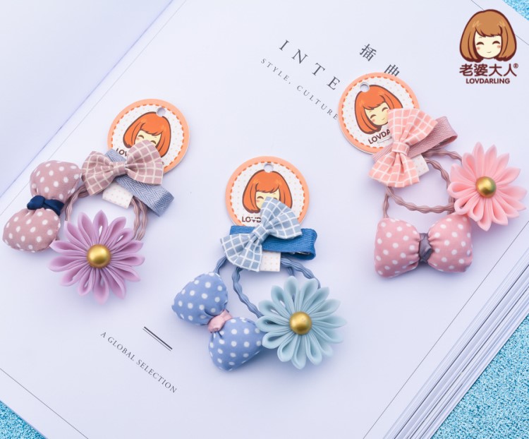 老婆大人手工花菊花點子布藝蝴蝶夾兒童發圈發飾品皮筋組合發飾