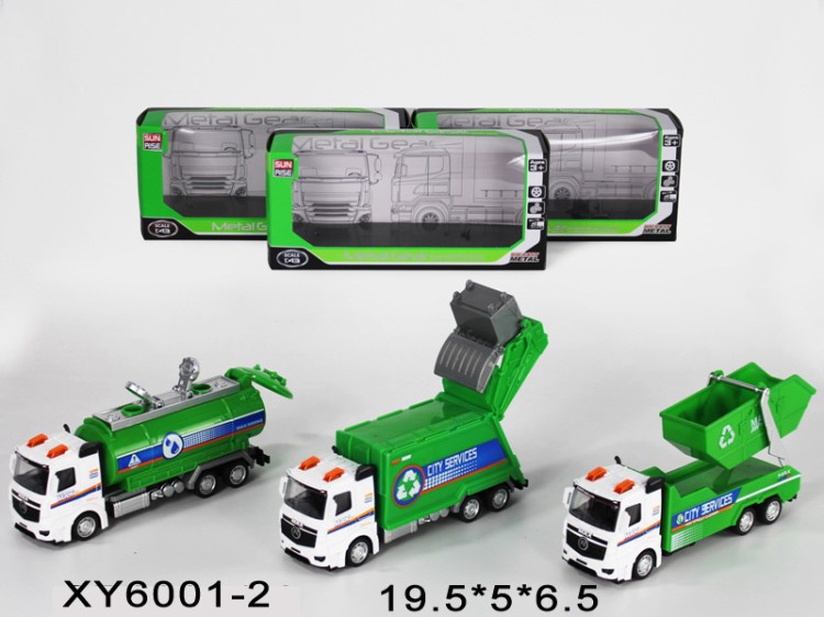 1:43仿真慣性環(huán)衛(wèi)車模型 兒童玩具車 帶音樂燈光塑料工程車