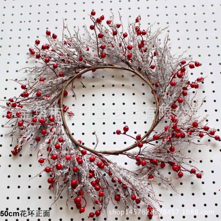 廠家供應圣誕紅果帶透明冰粒花環，PVC松針裝飾花環 DIY定制生產