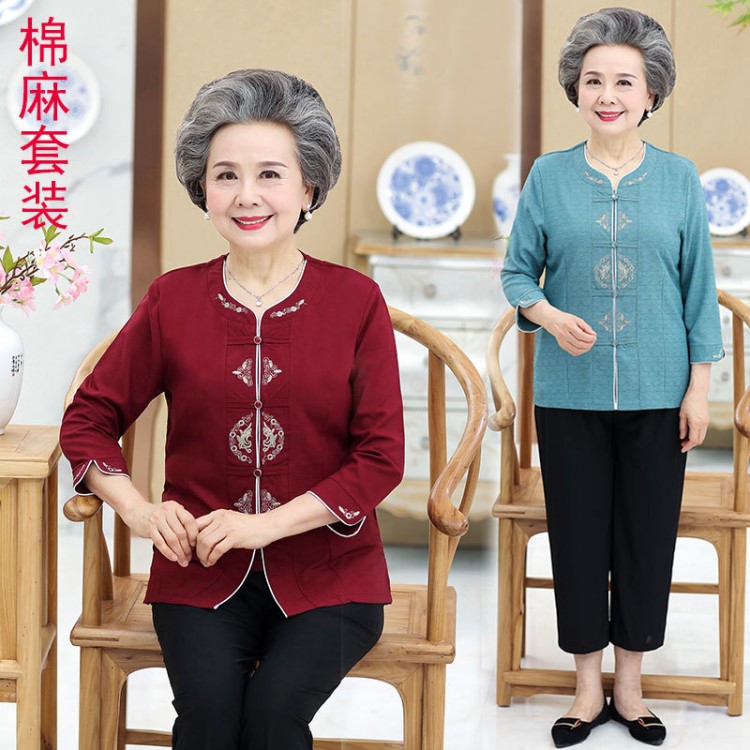 中老年人女裝夏季棉麻套裝60-70歲老太太奶奶裝大碼老人刺繡唐裝