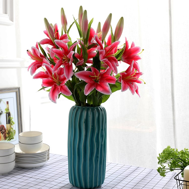 仿真花3頭布百合家居桌面裝飾擺件婚慶裝飾攝影道具假花批發