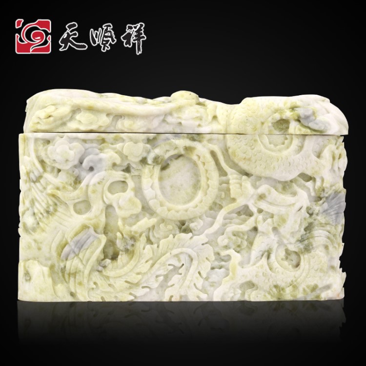 天然岫巖玉石骨灰盒 龍鳳呈祥精雕壽盒男女通用玉石棺材殯葬用品