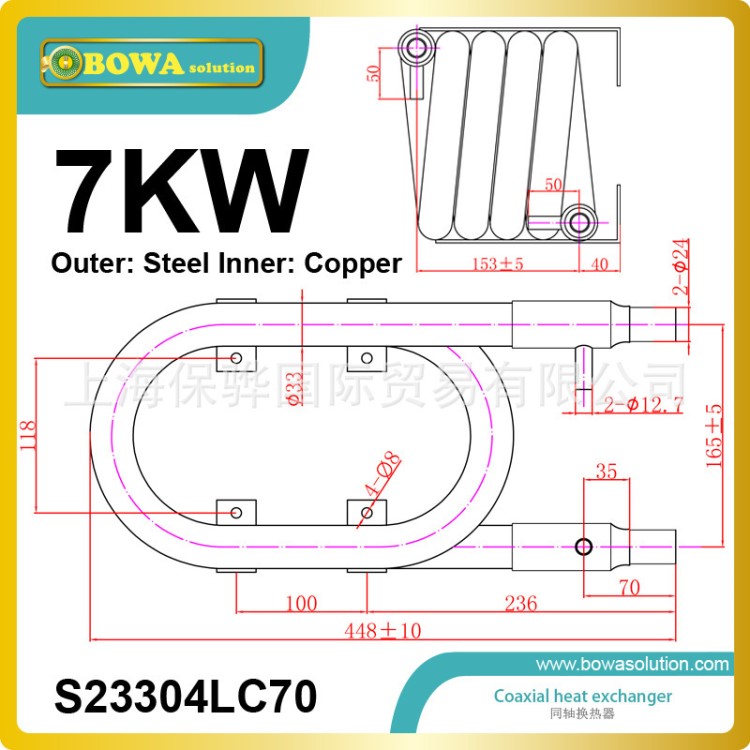 7KW套管式換熱器用于熱泵、水冷柜機和制冰機等產(chǎn)品