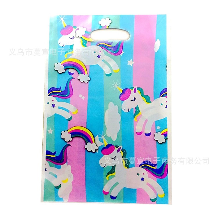 卡通獨(dú)角獸彩虹瑪主題禮品袋 兒童生日派對(duì)曲奇珠光膜塑料裝飾袋