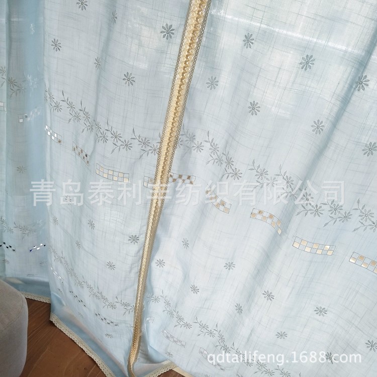 客廳簾 電腦繡花小格子粗布窗簾 穿桿 掛鉤兩用（批發 定做）