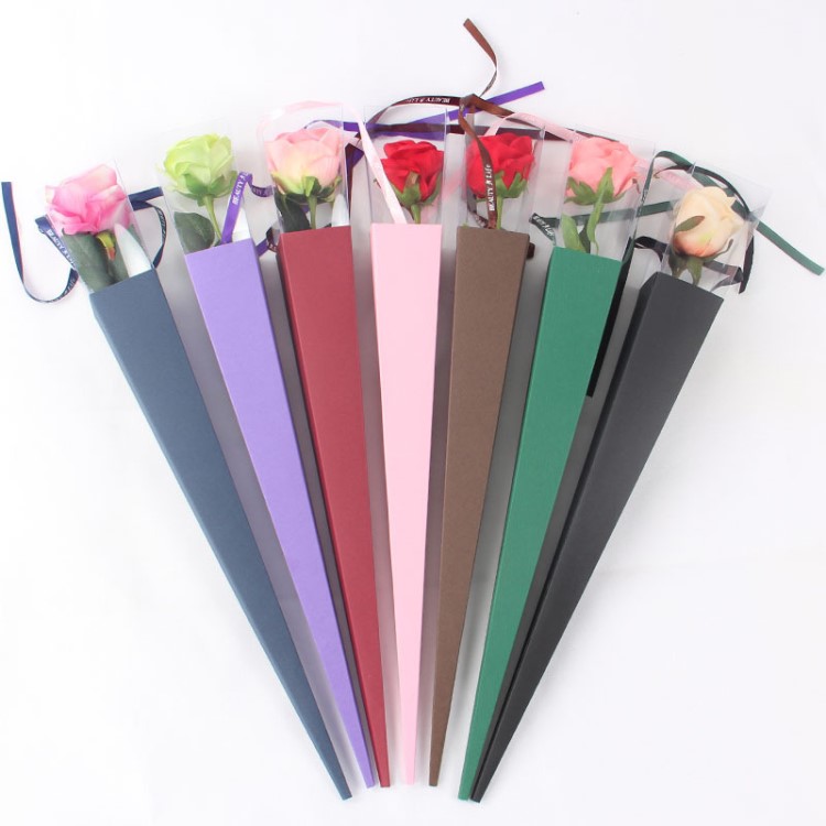 現貨供應單支玫瑰盒pvc折疊三角花盒單枝康乃馨鮮花包裝禮盒