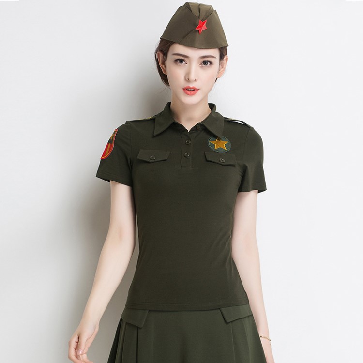 2019夏季新款廣場舞服裝上衣跳舞蹈服水兵舞體操舞軍旅軍裝短袖女