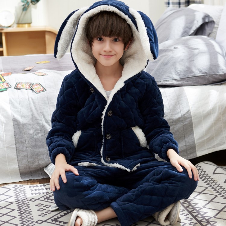 兒童睡衣男童冬季加厚款珊瑚絨夾棉男孩中大童保暖家居服秋冬套裝