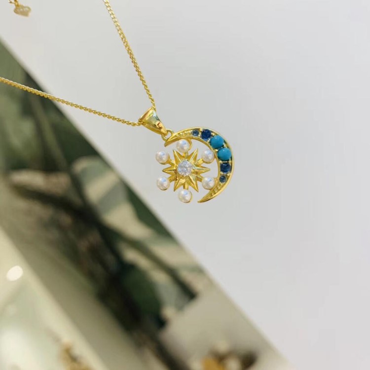天然美國綠松石+珍珠925銀厚鍍18K星月項鏈 久保色時尚項鏈批發