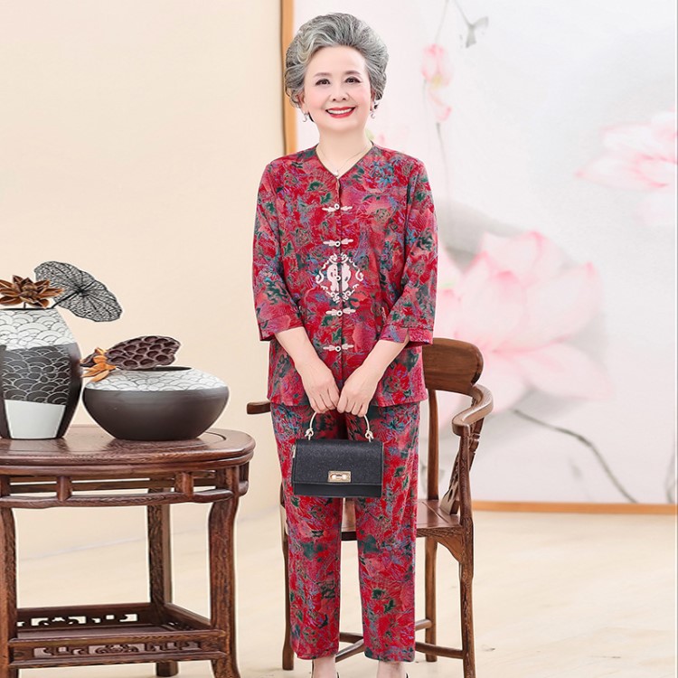 中老年人女裝奶奶夏裝長(zhǎng)袖60-70歲老人夏季衣服媽媽綿綢套裝太太