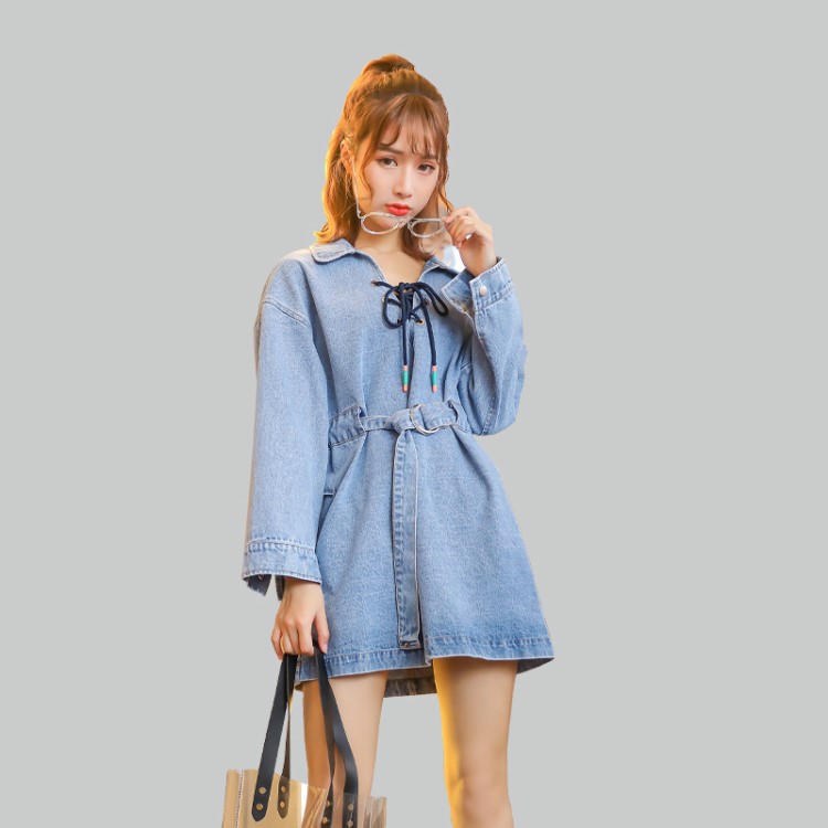 2019牛仔連衣裙中長款韓版女裝高腰長袖POLO領(lǐng)夏季A字裙定制加工