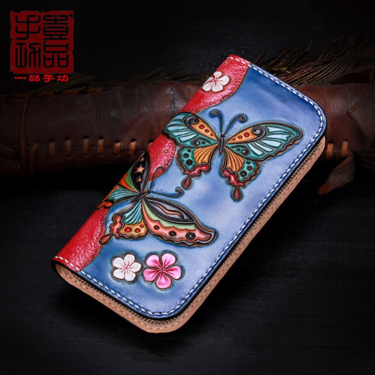 新款手工皮雕錢(qián)包拉鏈長(zhǎng)錢(qián)夾樹(shù)羔頭層牛皮淑女個(gè)性款中國(guó)風(fēng)化蝶