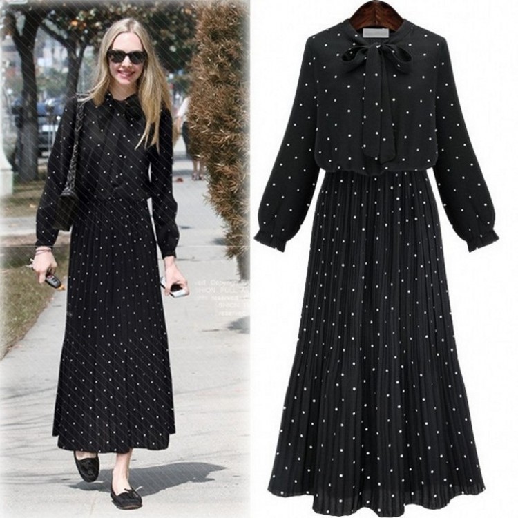春秋2019新款韓國長袖連衣裙波點印花裙收腰顯瘦碎花裙百褶長裙子
