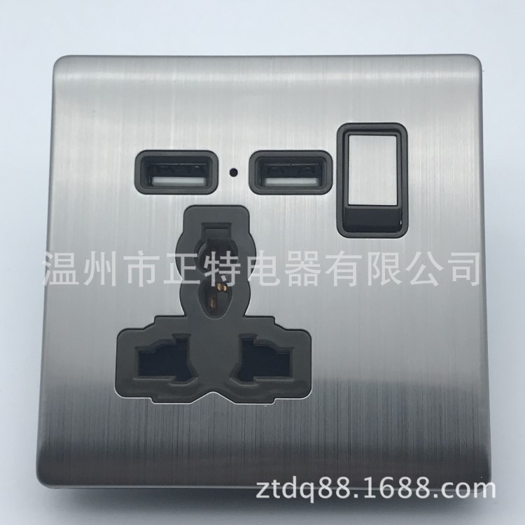 外貿一開多功能三孔插座帶USB帶開關帶燈 不銹鋼多三孔雙USB