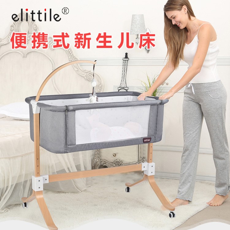 elittile嬰兒床 實木多功能寶寶拼接大床歐式新生兒便攜式bb小床