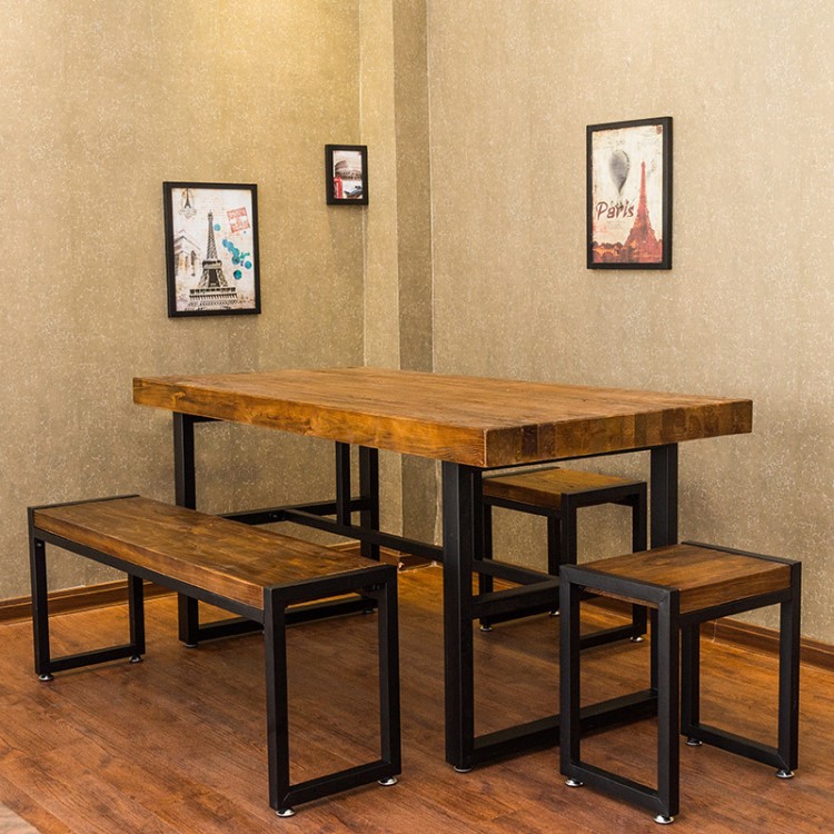 美式復古鐵藝實木餐桌做舊餐廳長方形家庭實木4人餐桌椅組合長凳