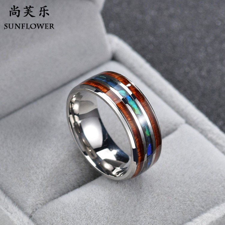 歐美創意不銹鋼男士戒指 彩色貝殼雙邊木紋凹槽指環 廠家現貨批發