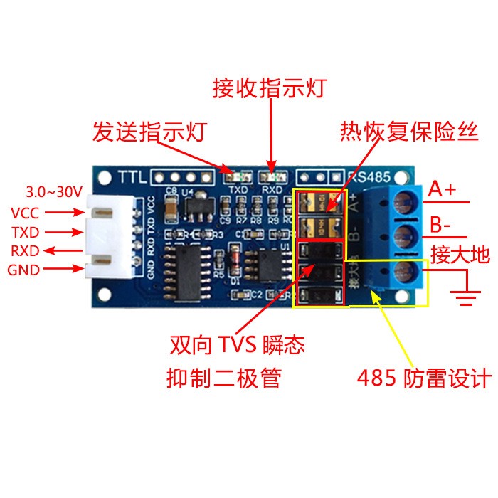 TTL轉(zhuǎn)RS485模塊 RS485互轉(zhuǎn)TTL信號單片機(jī)串口 硬件自動流向控制