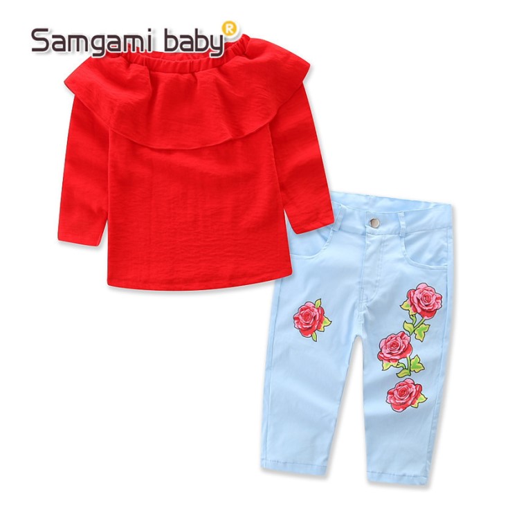 SAMGAMI BABY秋裝ins爆款女童紅色一字肩上衣+玫瑰花褲套裝17924