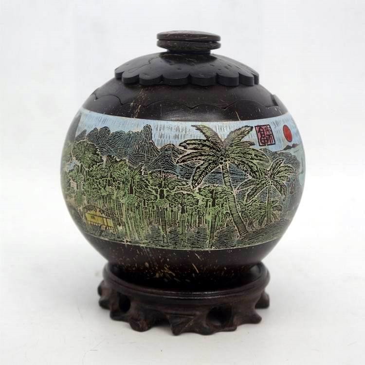 海南特產風光椰雕畫儲物茶葉罐工藝品生日節日禮物復古客廳擺件
