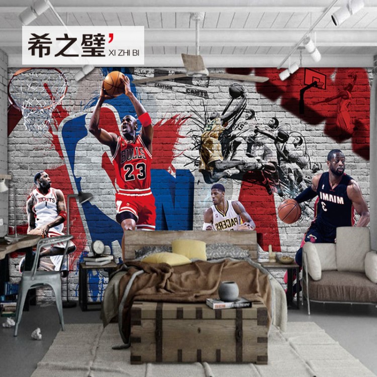 NBA籃球明星壁紙主題餐廳酒吧背景墻壁畫喬丹科比詹姆斯墻紙