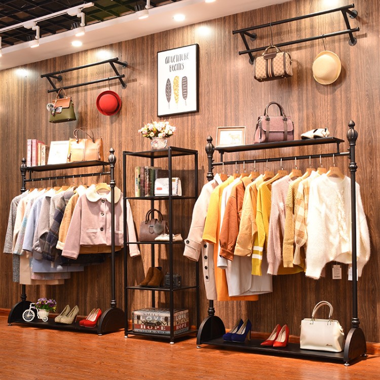服裝店復古服裝展示架男女裝上墻落地式陳列架貨架鐵藝衣服掛衣架