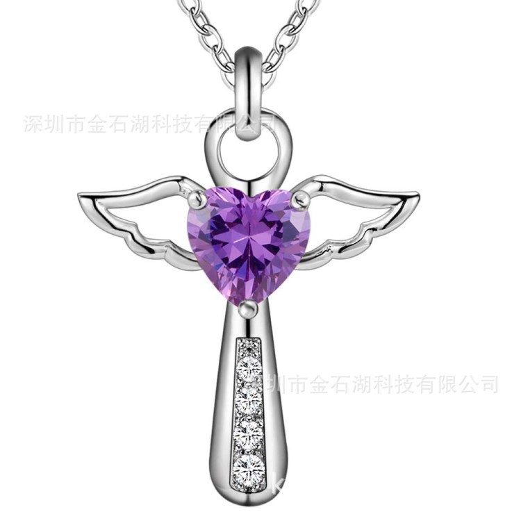 WISH速賣通歐美風(fēng)格鍍925銀十字架白紫色鋯石水晶吊墜項(xiàng)鏈女士