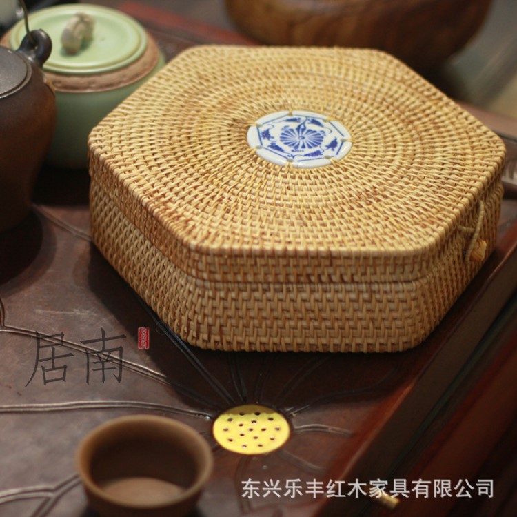 越南藤編茶餅盒普洱茶收納盒七子餅包裝盒禮盒六邊形357克2餅