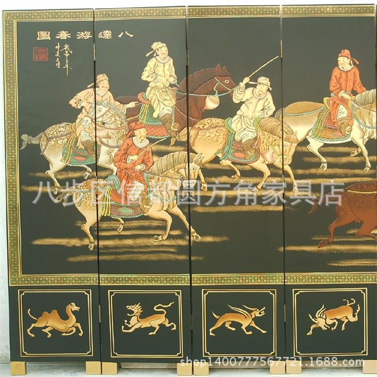 屏風  八達游春圖 中式古典人物漆畫 酒店客廳玄關金箔折疊屏風