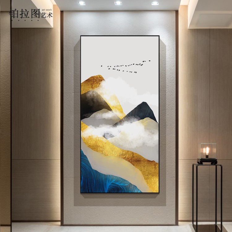 抽象山水裝飾畫金箔玄關酒店大氣風水招財掛畫新中式靠山入戶壁畫