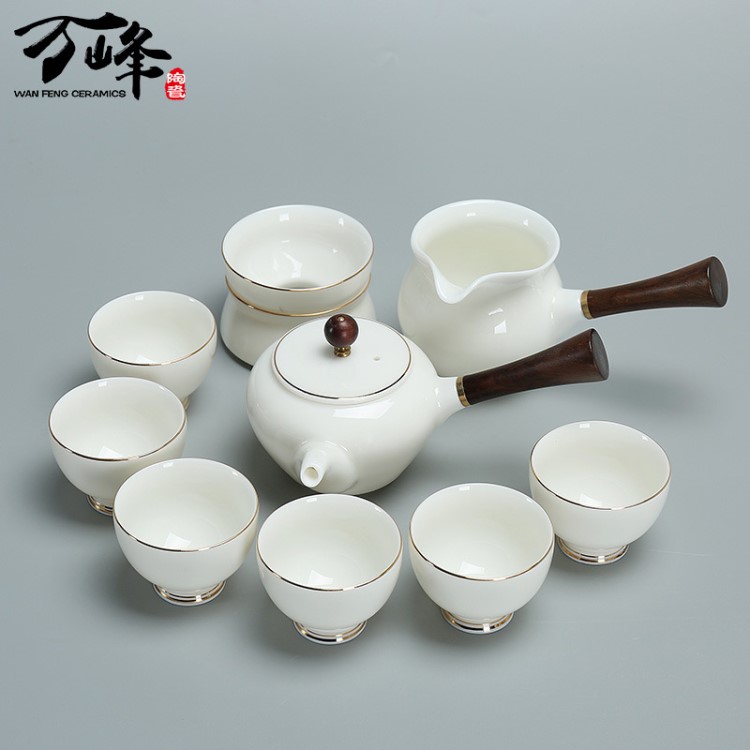 萬峰 白瓷茶具套裝側把茶壺整套功夫茶具描金高白瓷禮品茶具定制