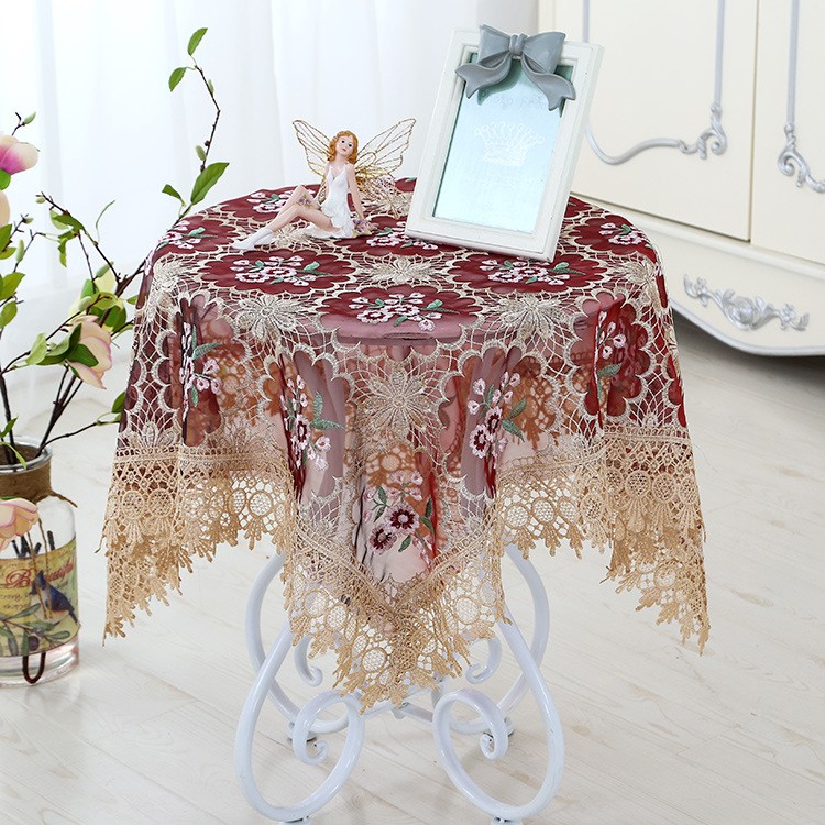 新玻璃紗刺繡臺布 歐式餐桌布 繡花蕾絲茶幾布 現(xiàn)代簡約床頭柜罩