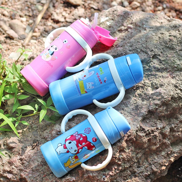 新款保溫兒童杯子 不銹鋼真空奶瓶便攜式手柄吸管卡通環保兒童壺