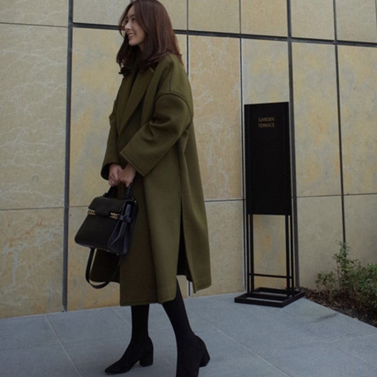 批發毛呢大衣外套女中長款春裝韓國廓形超長款秋春軍綠色寬松韓版